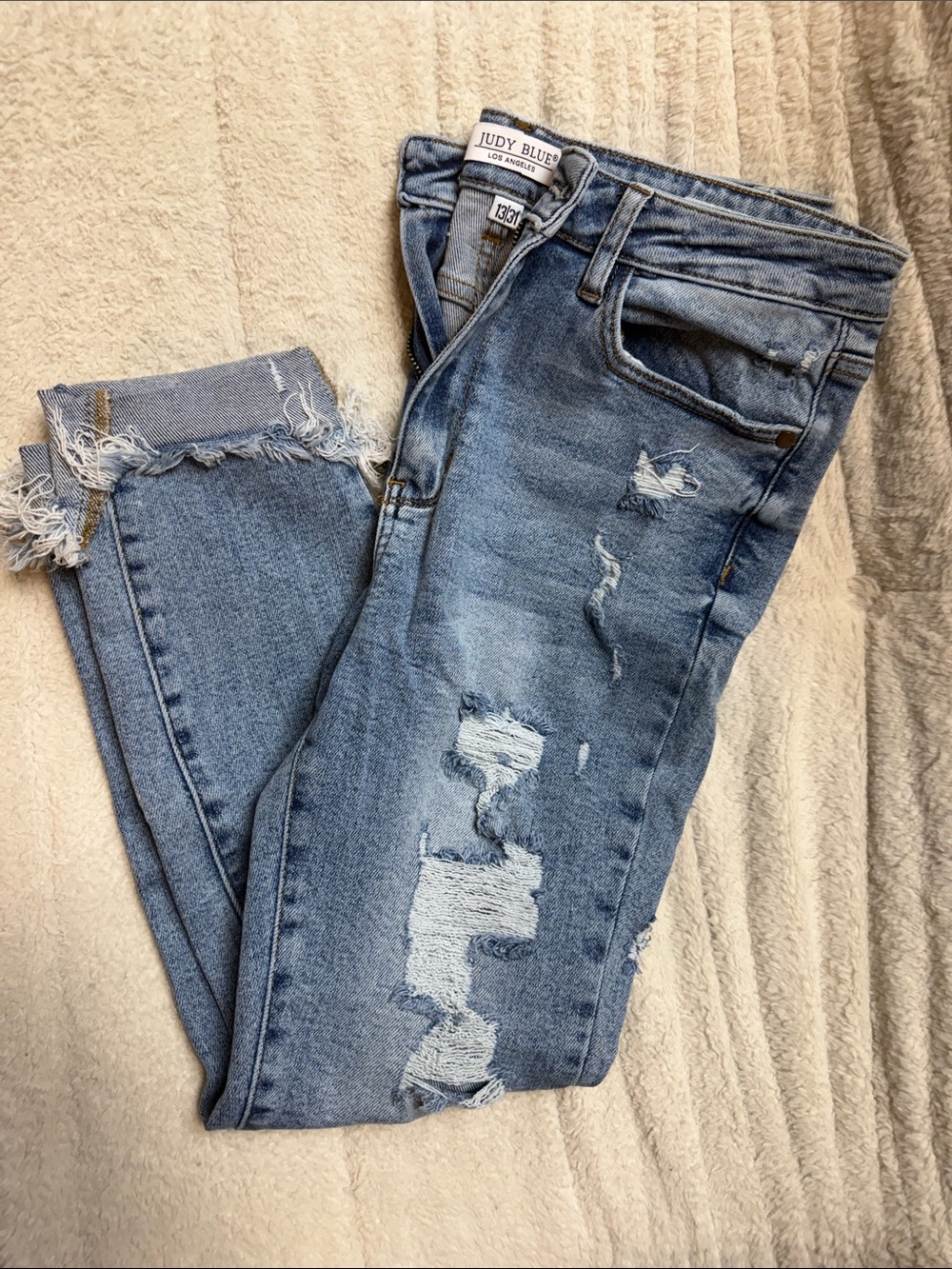 Judy Blue Light Blue Distressed Skinny Jeans with Frayed Hem